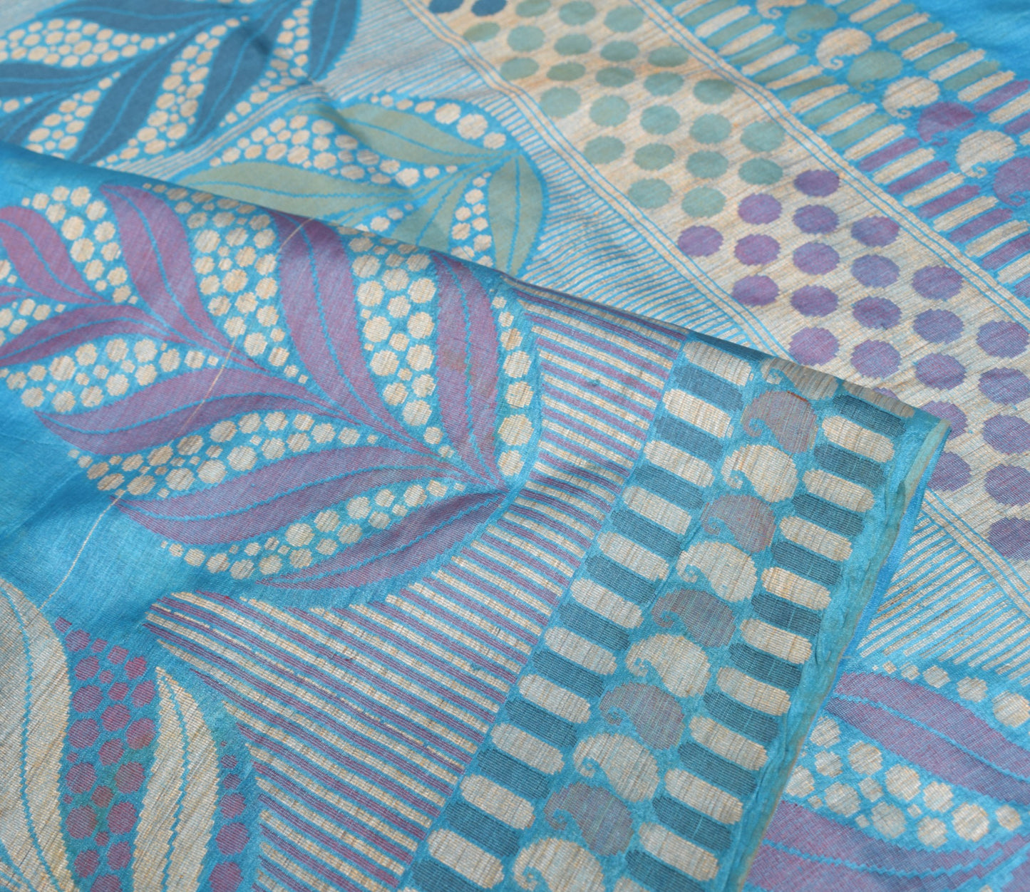 Sushila Vintage Turquoise Blue Saree Pure Tussar Silk Woven Floral Sari Fabric