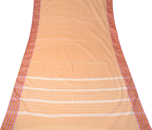 Sushila Vintage Peach Saree Art Cotton Stripes Woven 6 Yard Sari Craft Fabric