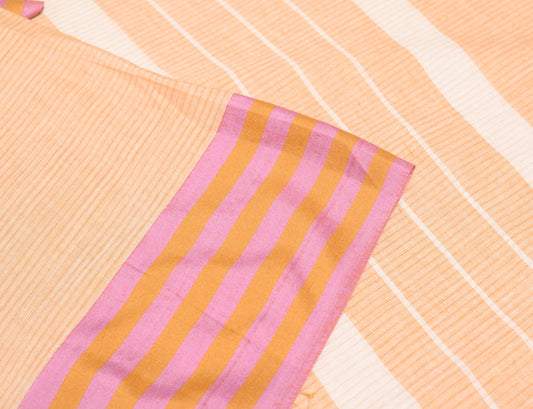 Sushila Vintage Peach Saree Art Cotton Stripes Woven 6 Yard Sari Craft Fabric