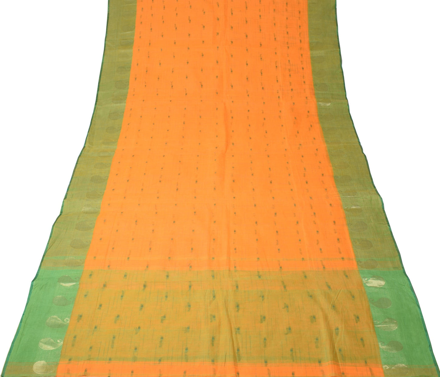 Sushila Vintage Orange Handloom Saree Pure Cotton Floral Woven Sari Craft Fabric