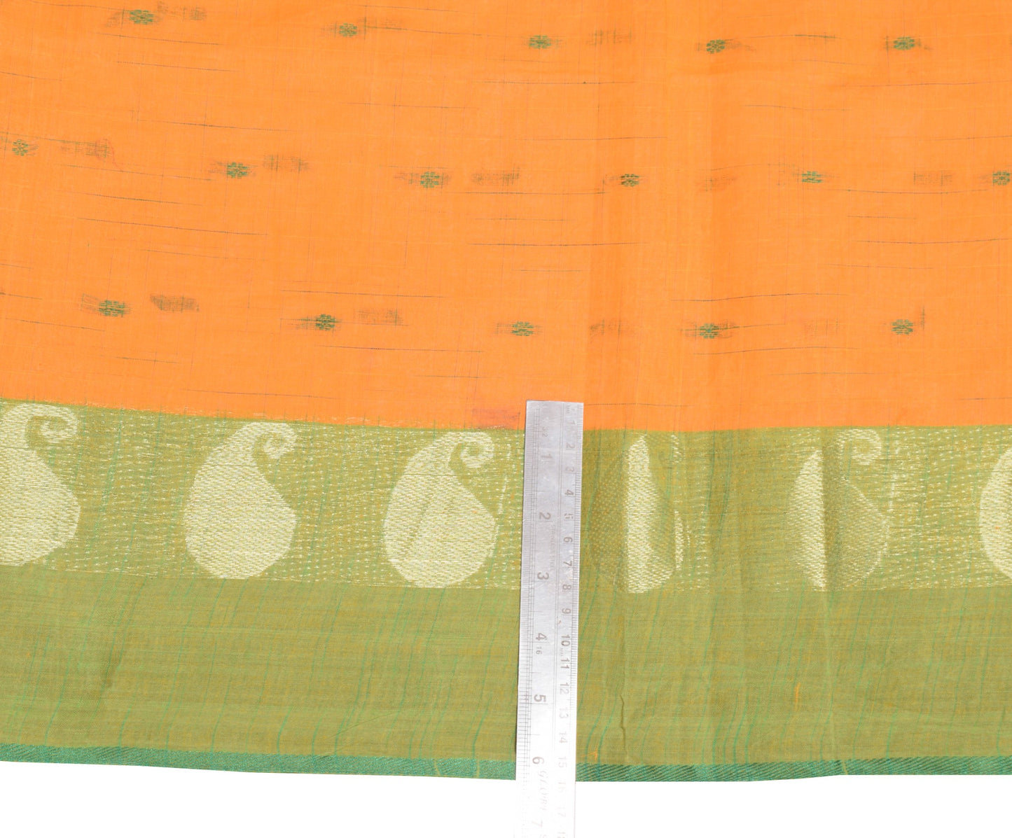 Sushila Vintage Orange Handloom Saree Pure Cotton Floral Woven Sari Craft Fabric