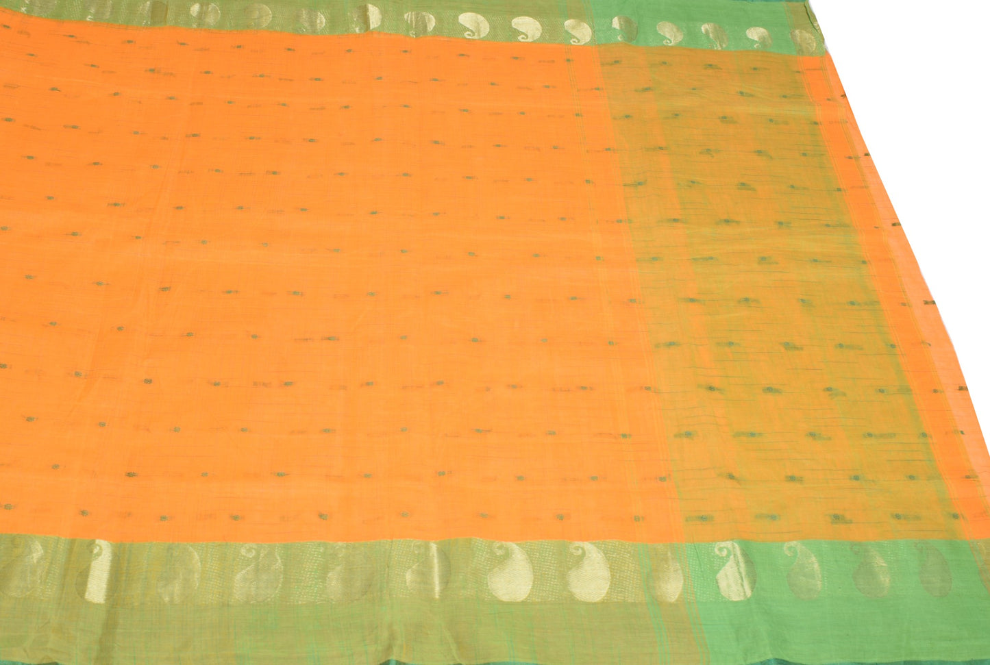 Sushila Vintage Orange Handloom Saree Pure Cotton Floral Woven Sari Craft Fabric