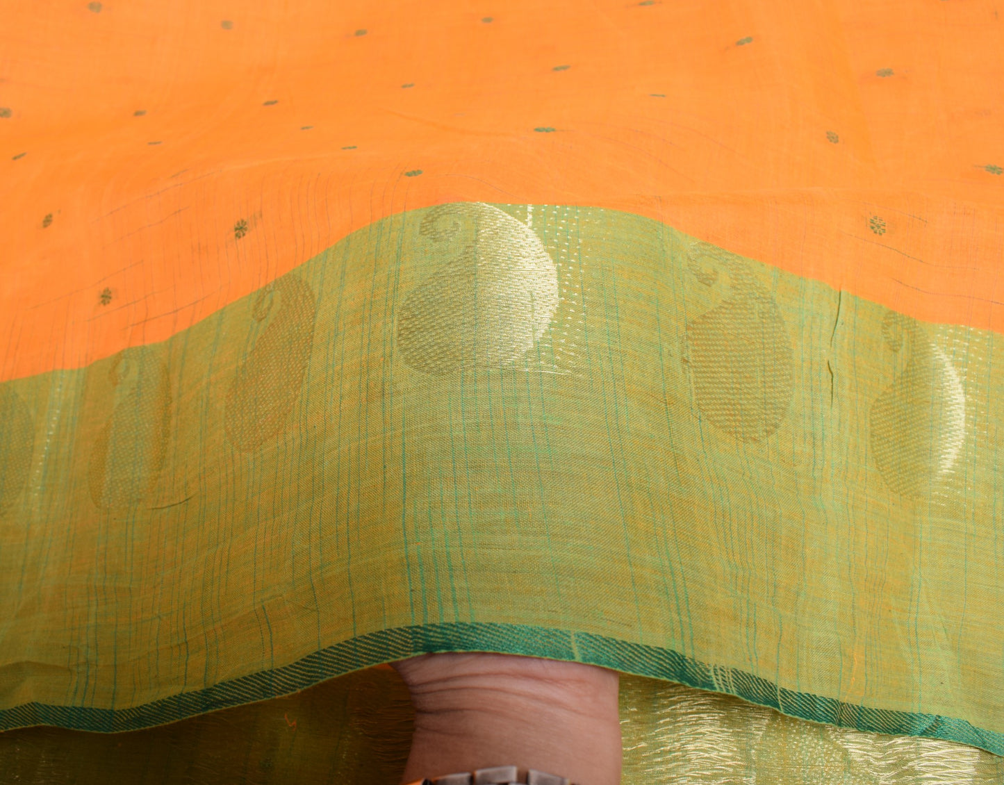 Sushila Vintage Orange Handloom Saree Pure Cotton Floral Woven Sari Craft Fabric