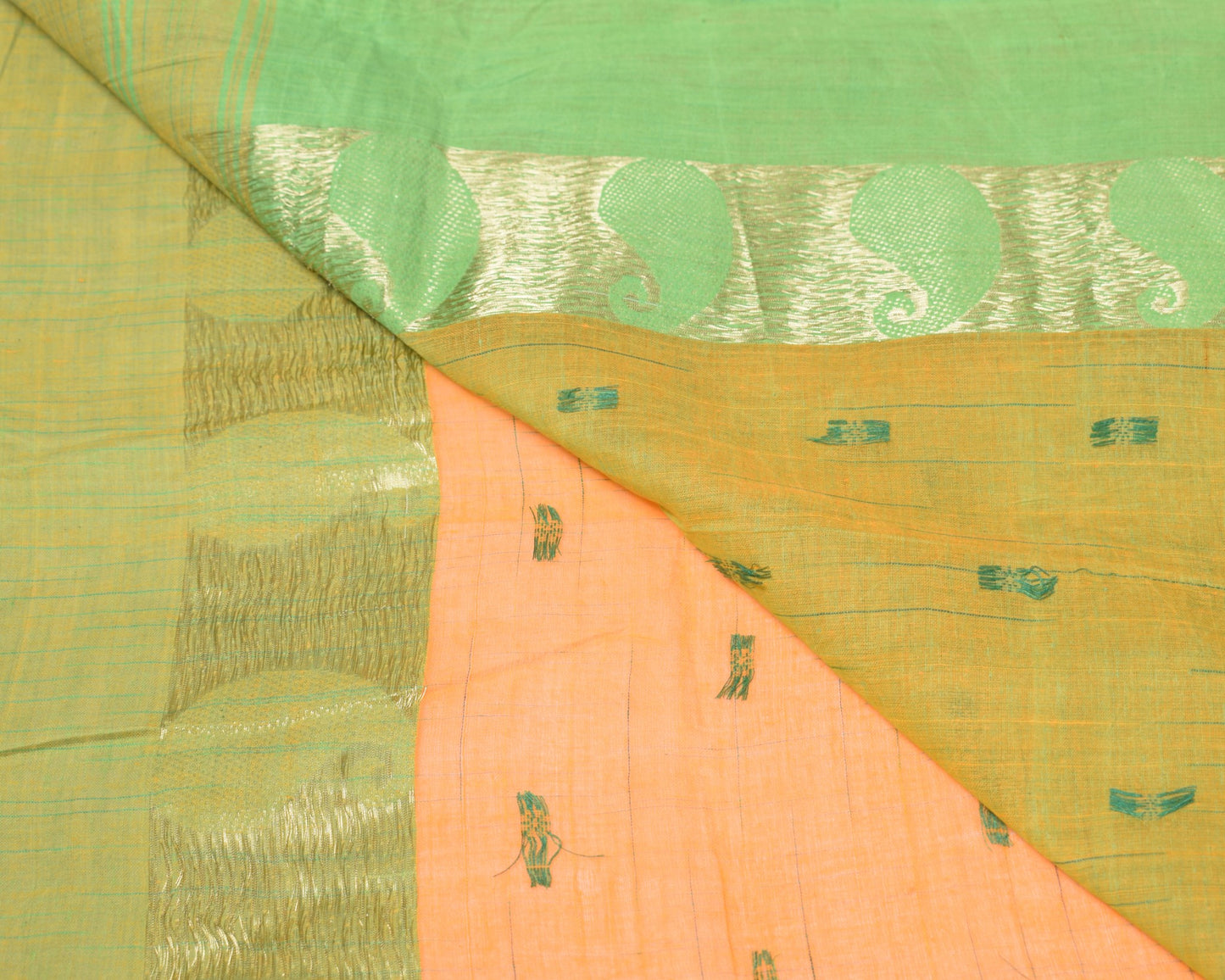 Sushila Vintage Orange Handloom Saree Pure Cotton Floral Woven Sari Craft Fabric