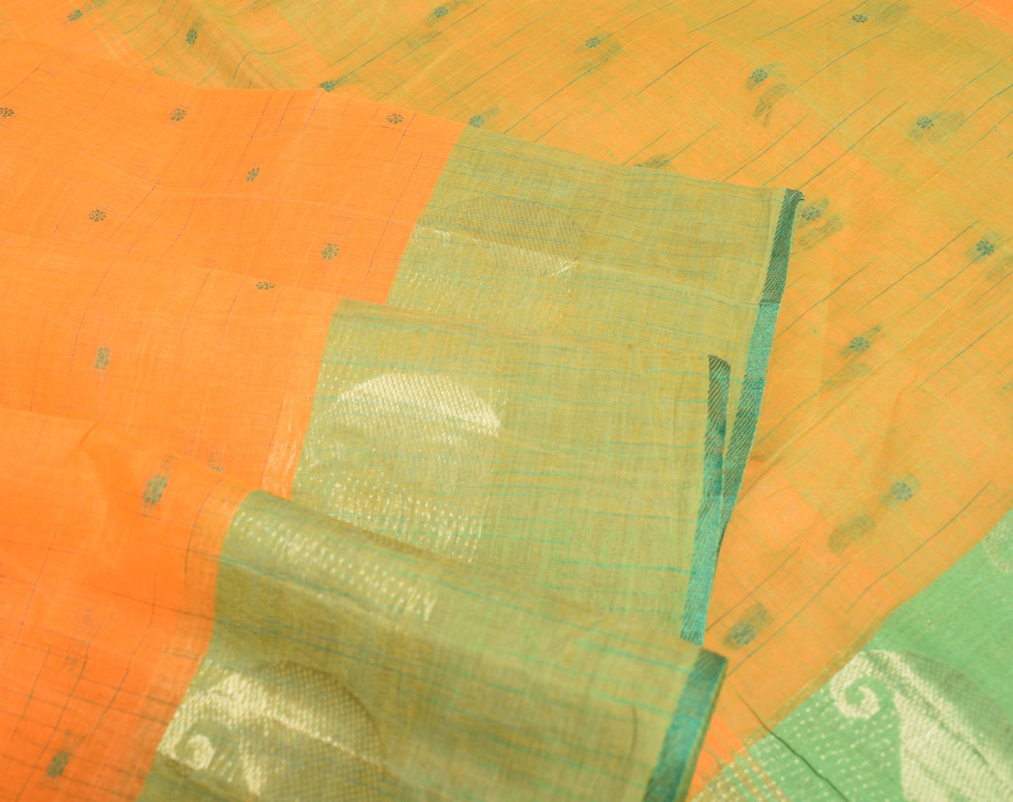 Sushila Vintage Orange Handloom Saree Pure Cotton Floral Woven Sari Craft Fabric