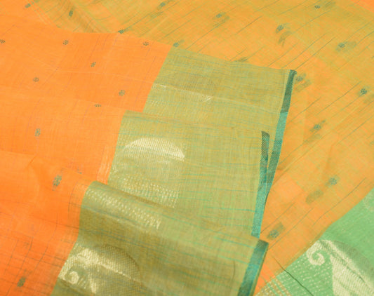 Sushila Vintage Orange Handloom Saree Pure Cotton Floral Woven Sari Craft Fabric