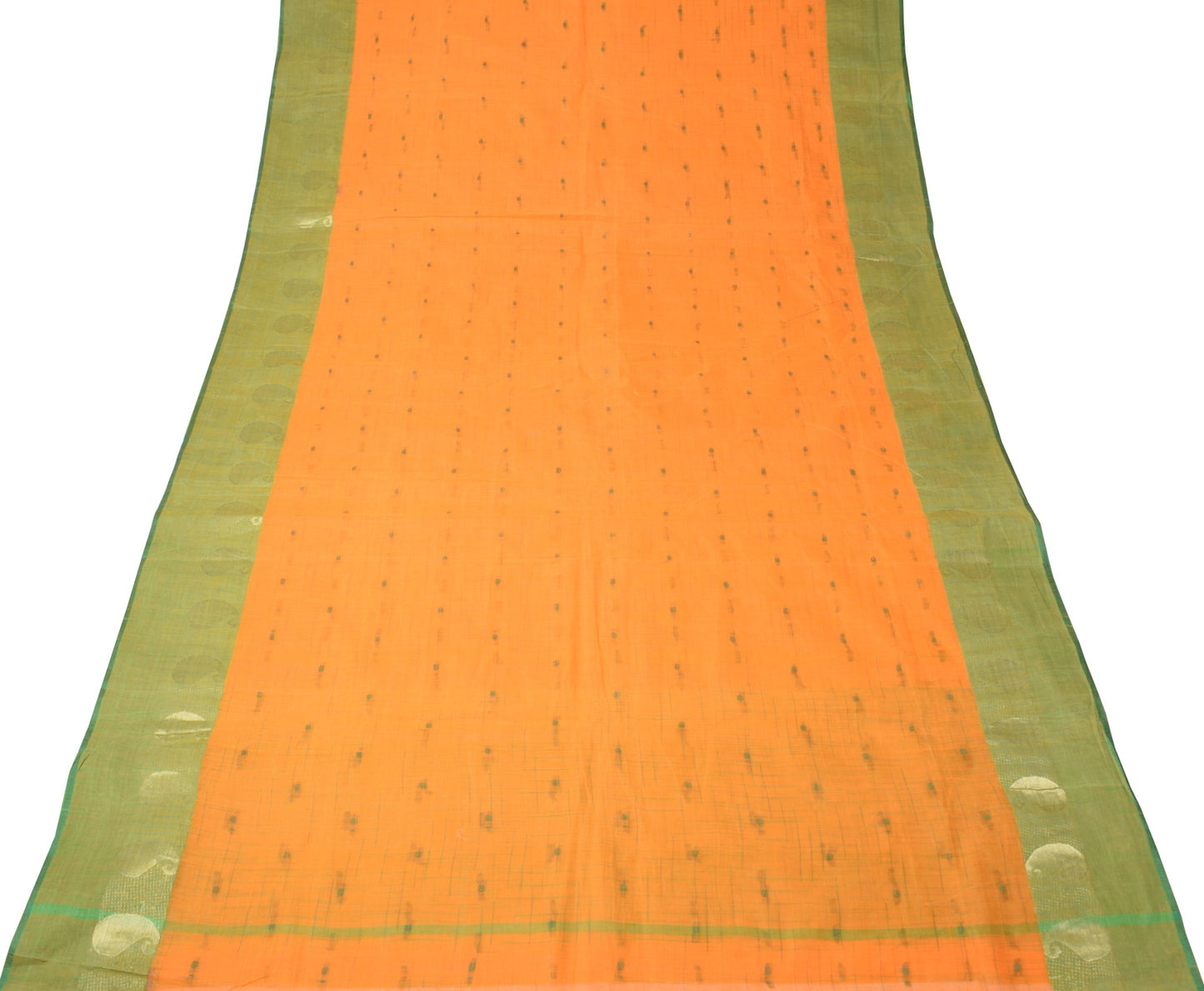 Sushila Vintage Orange Handloom Saree Pure Cotton Floral Woven Sari Craft Fabric