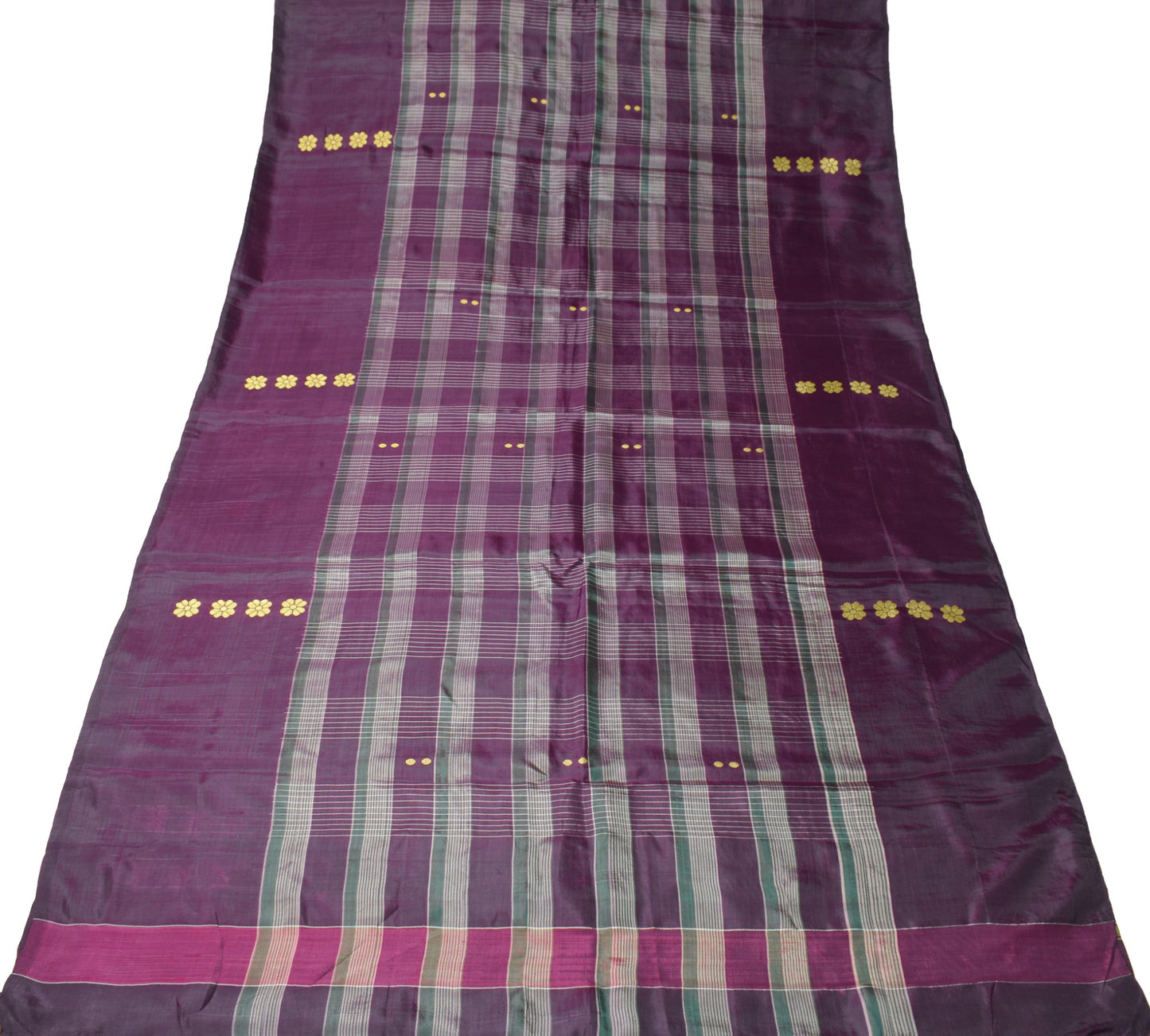 Sushila Vintage Handwoven Indian Saree Pure Silk Purple Floral Check Sari Fabric