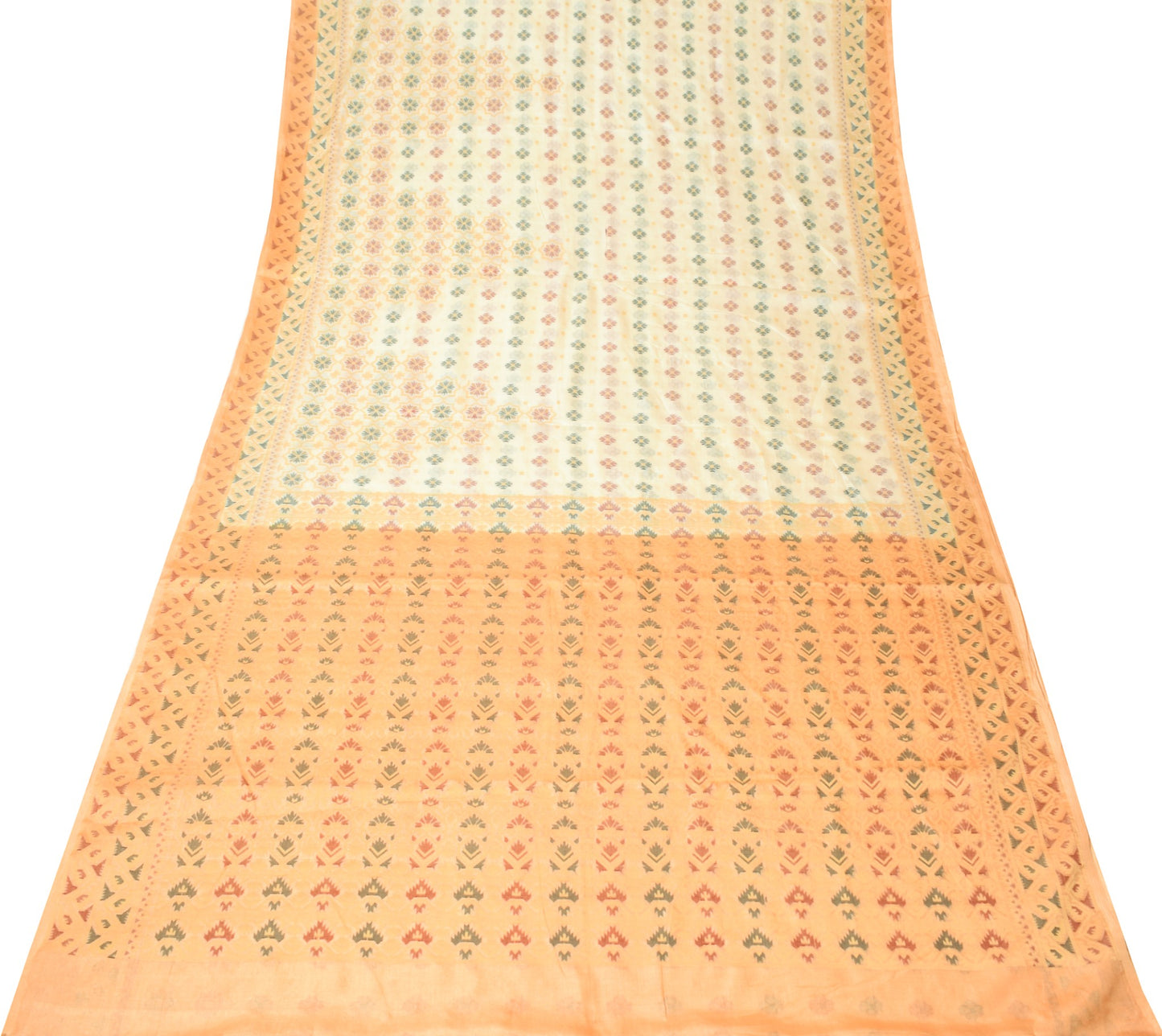 Sushila Vintage Cream Hand Woven Saree Pure Tussar Silk Floral Soft Sari Fabric