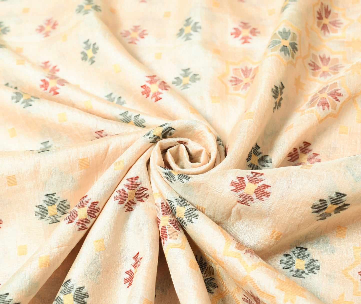 Sushila Vintage Cream Hand Woven Saree Pure Tussar Silk Floral Soft Sari Fabric