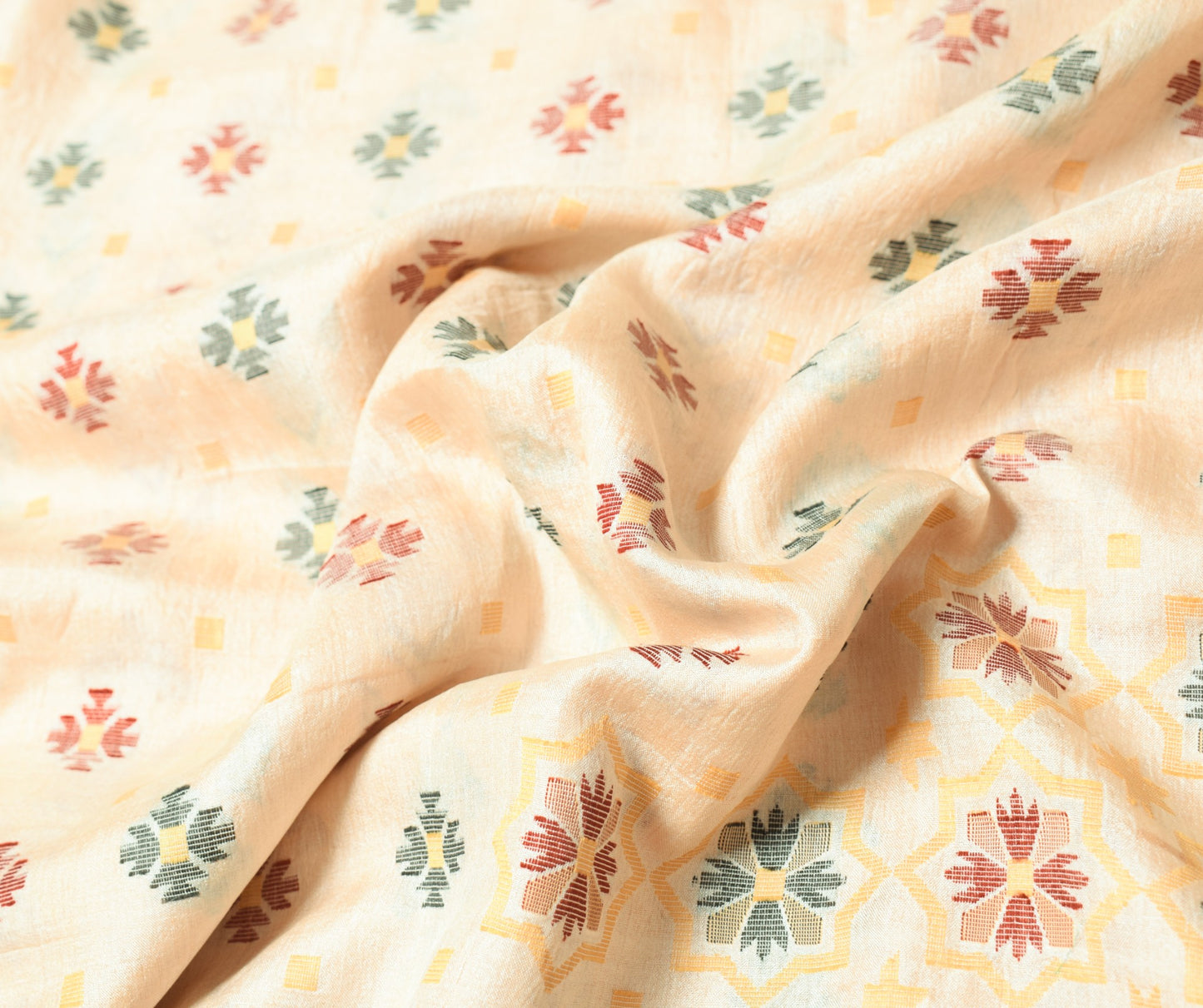 Sushila Vintage Cream Hand Woven Saree Pure Tussar Silk Floral Soft Sari Fabric