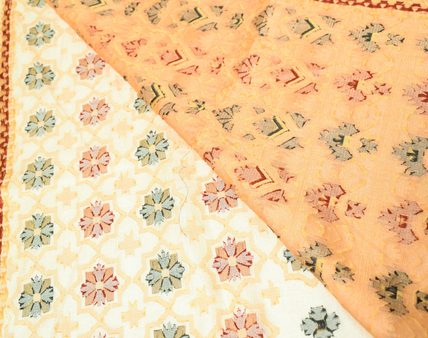 Sushila Vintage Cream Hand Woven Saree Pure Tussar Silk Floral Soft Sari Fabric