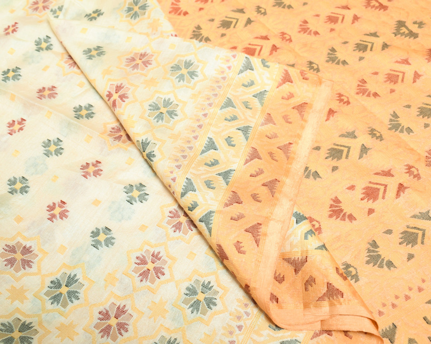 Sushila Vintage Cream Hand Woven Saree Pure Tussar Silk Floral Soft Sari Fabric