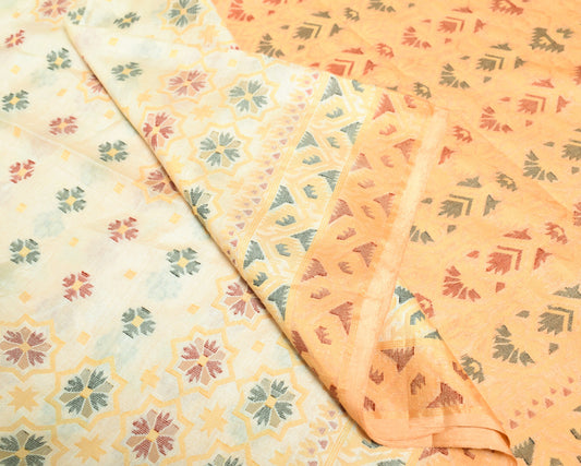 Sushila Vintage Cream Hand Woven Saree Pure Tussar Silk Floral Soft Sari Fabric