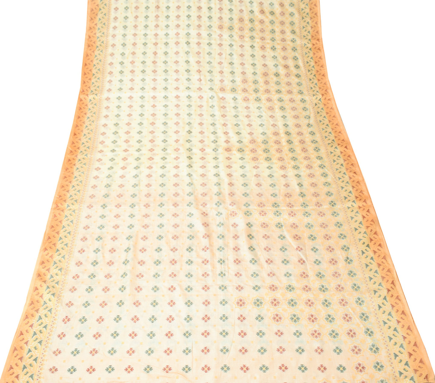 Sushila Vintage Cream Hand Woven Saree Pure Tussar Silk Floral Soft Sari Fabric
