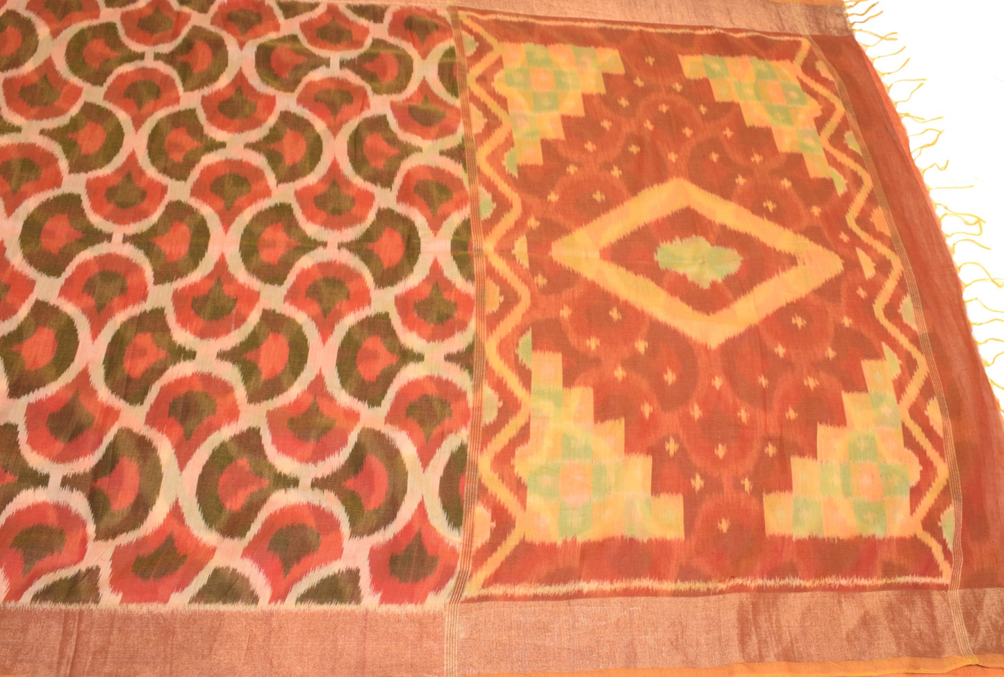 Sushila Vintage Cream Saree Pochampally Hand Woven Ikat Pure Cotton Silk Sari