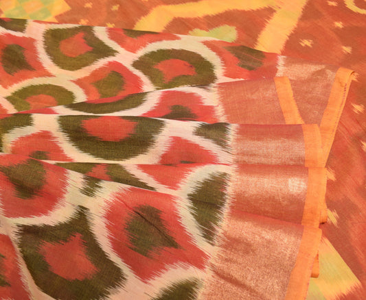 Sushila Vintage Cream Saree Pochampally Hand Woven Ikat Pure Cotton Silk Sari