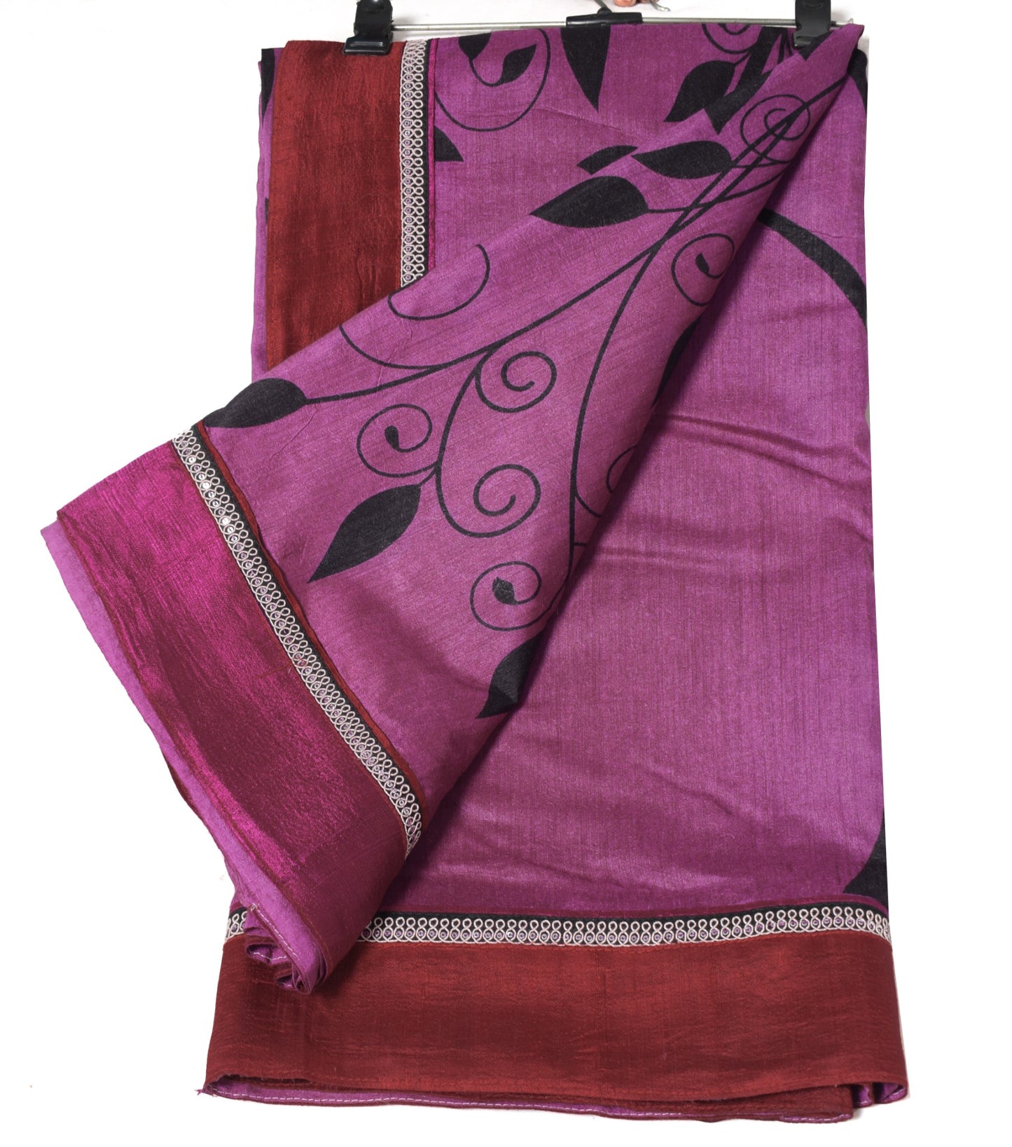 Sushila Vintage Purple Saree Pure Cotton Trees Printed Patch Border Sari Fabric