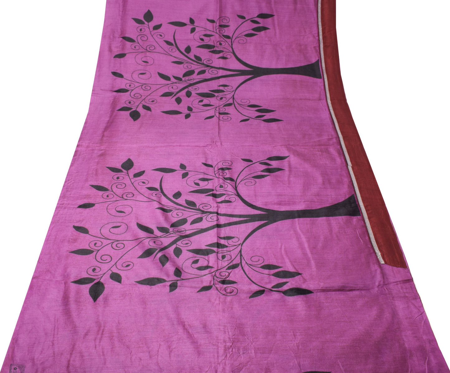 Sushila Vintage Purple Saree Pure Cotton Trees Printed Patch Border Sari Fabric