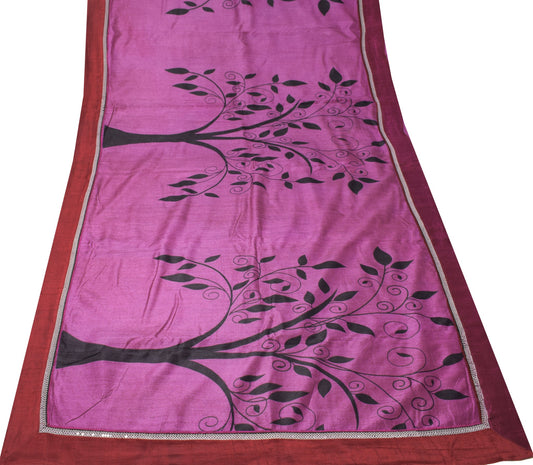 Sushila Vintage Purple Saree Pure Cotton Trees Printed Patch Border Sari Fabric