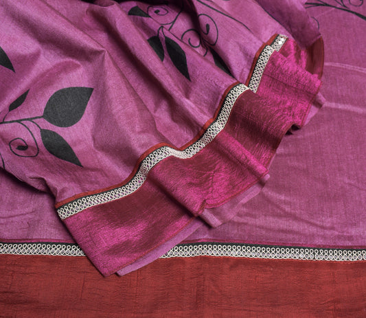 Sushila Vintage Purple Saree Pure Cotton Trees Printed Patch Border Sari Fabric