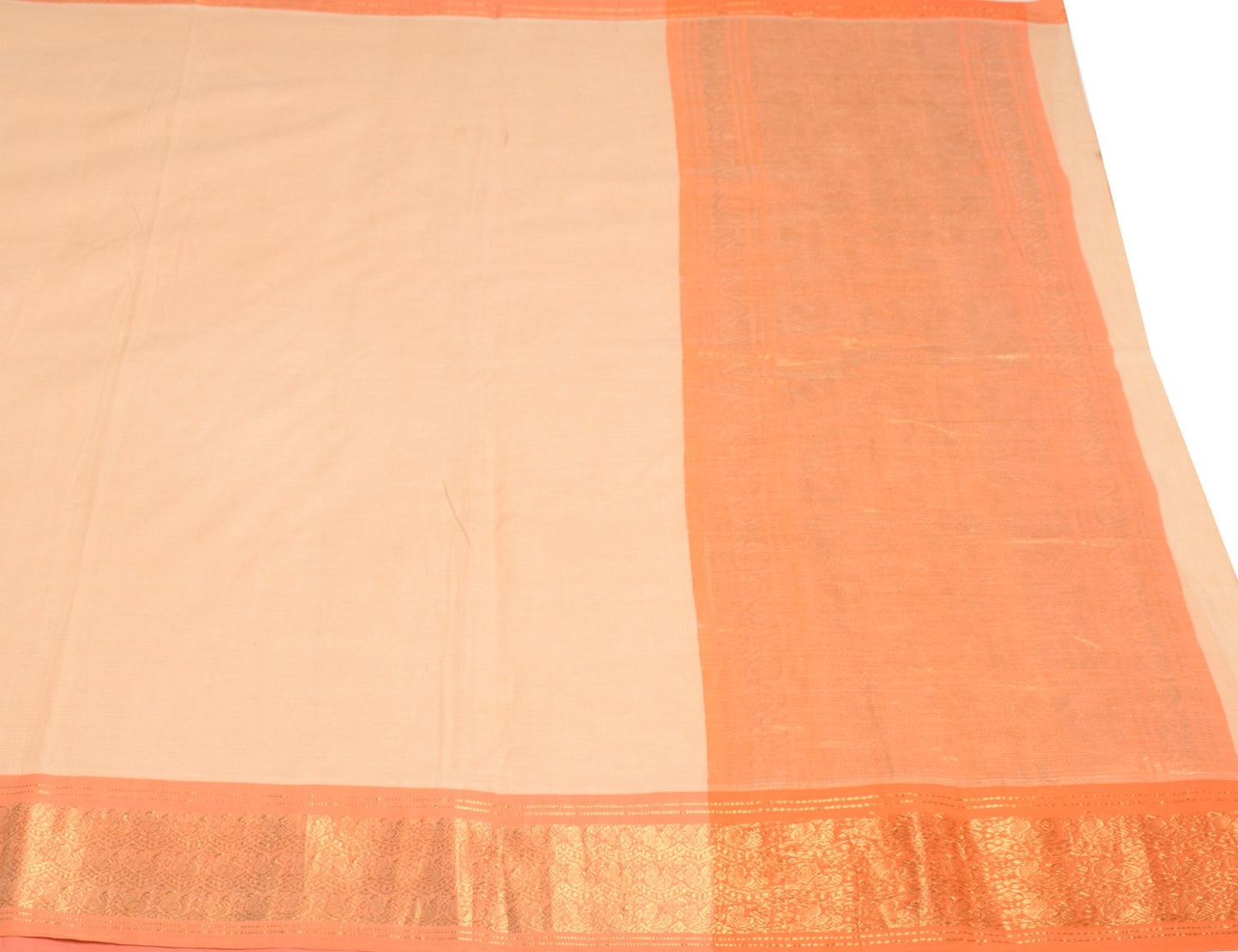 Sushila Vintage Peach Pure Cotton Saree Orange Brocade Border Pallu Sari Fabric