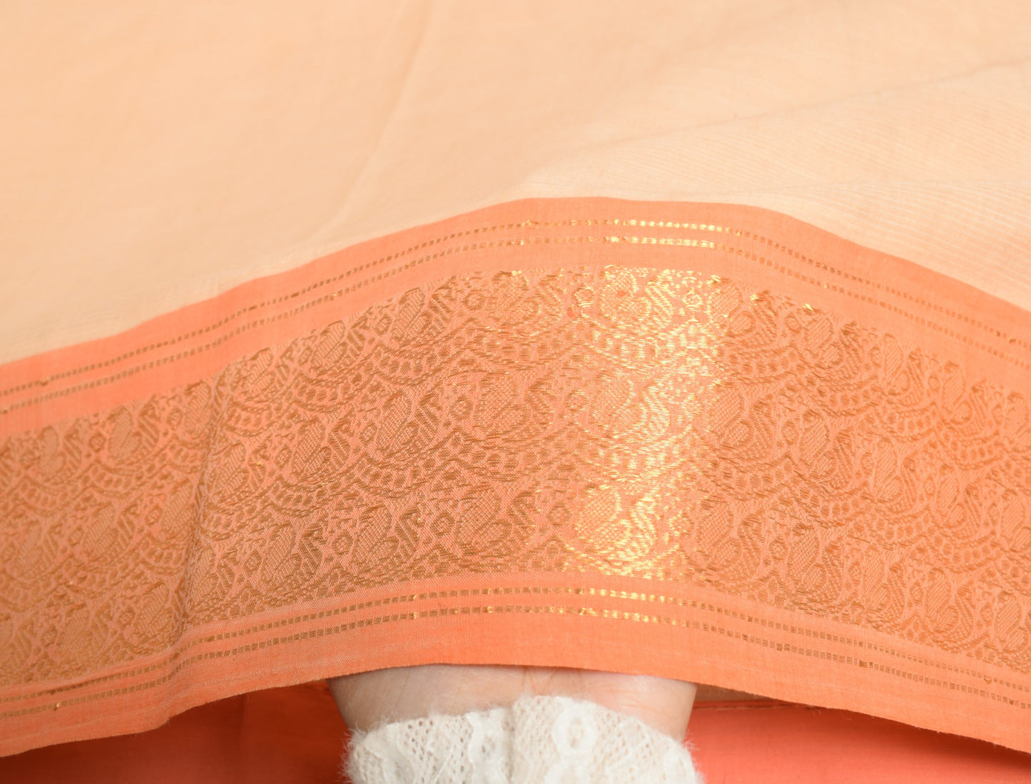 Sushila Vintage Peach Pure Cotton Saree Orange Brocade Border Pallu Sari Fabric