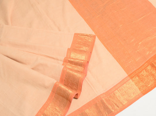 Sushila Vintage Peach Pure Cotton Saree Orange Brocade Border Pallu Sari Fabric