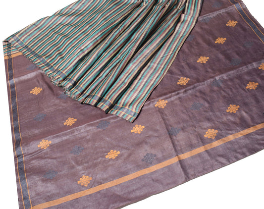 Sushila Vintage Multi-Color Saree Pure Tussar Silk Hand Woven Stripe Sari Fabric