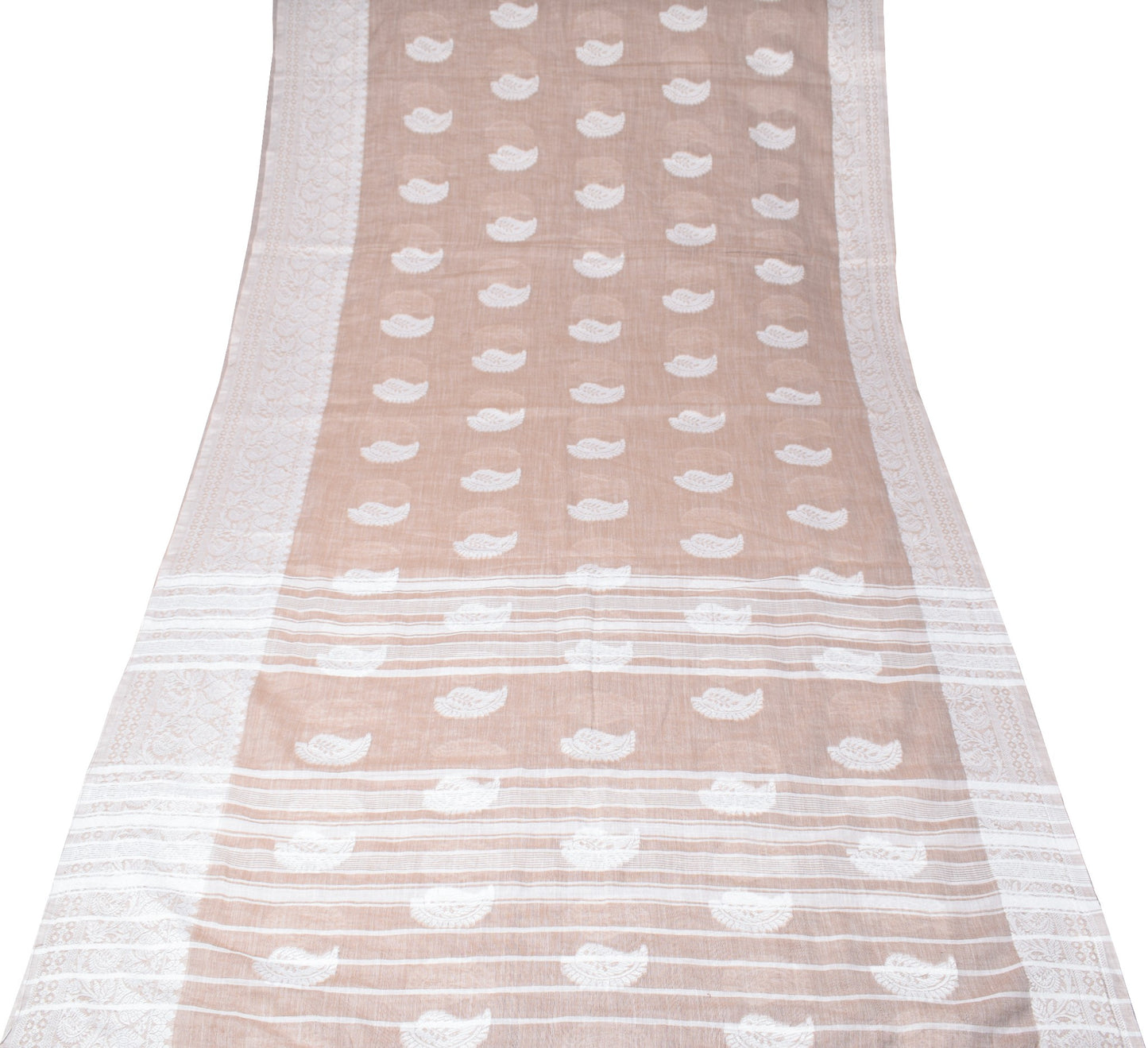 Sushila Vintage Brown & White Saree Art Cotton Paisley Woven 6 Yard Sari Fabric