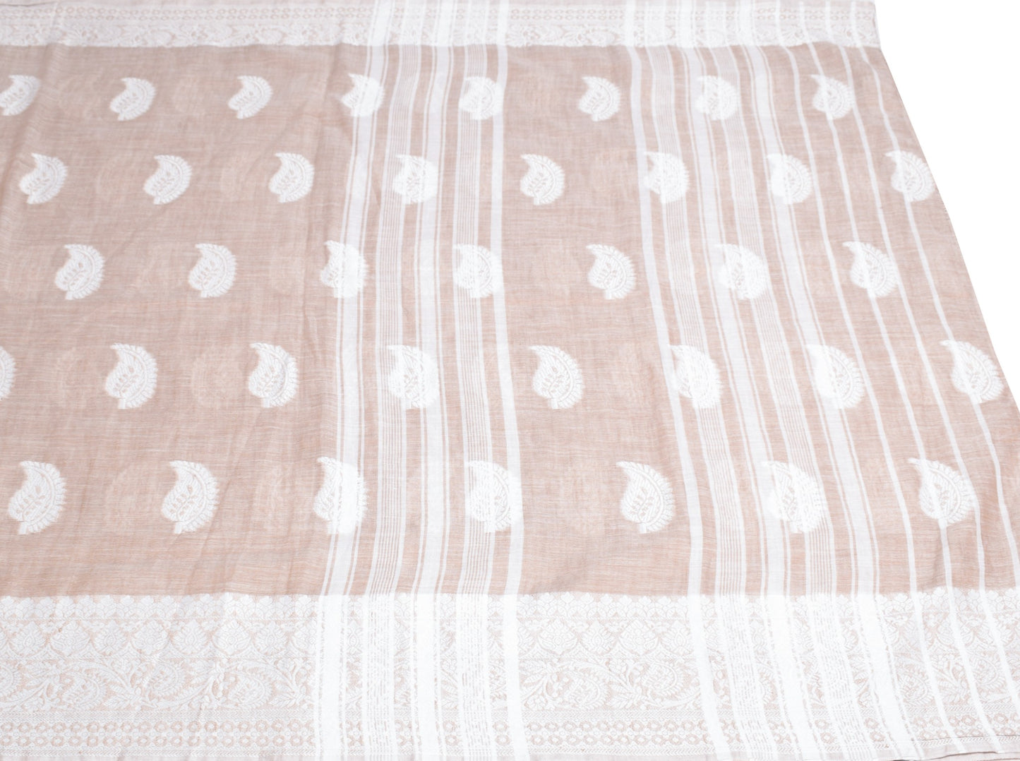 Sushila Vintage Brown & White Saree Art Cotton Paisley Woven 6 Yard Sari Fabric