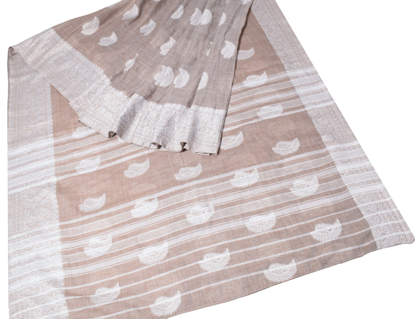 Sushila Vintage Brown & White Saree Art Cotton Paisley Woven 6 Yard Sari Fabric