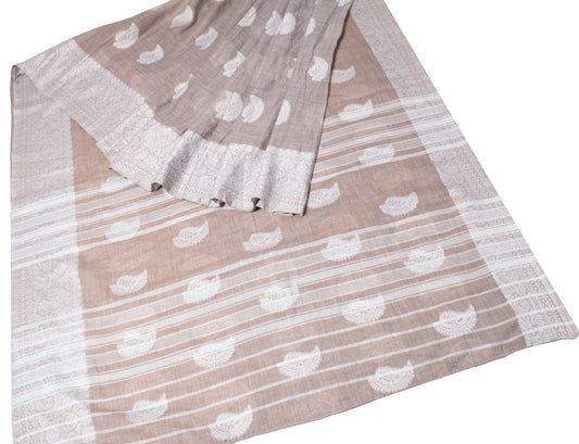 Sushila Vintage Brown & White Saree Art Cotton Paisley Woven 6 Yard Sari Fabric