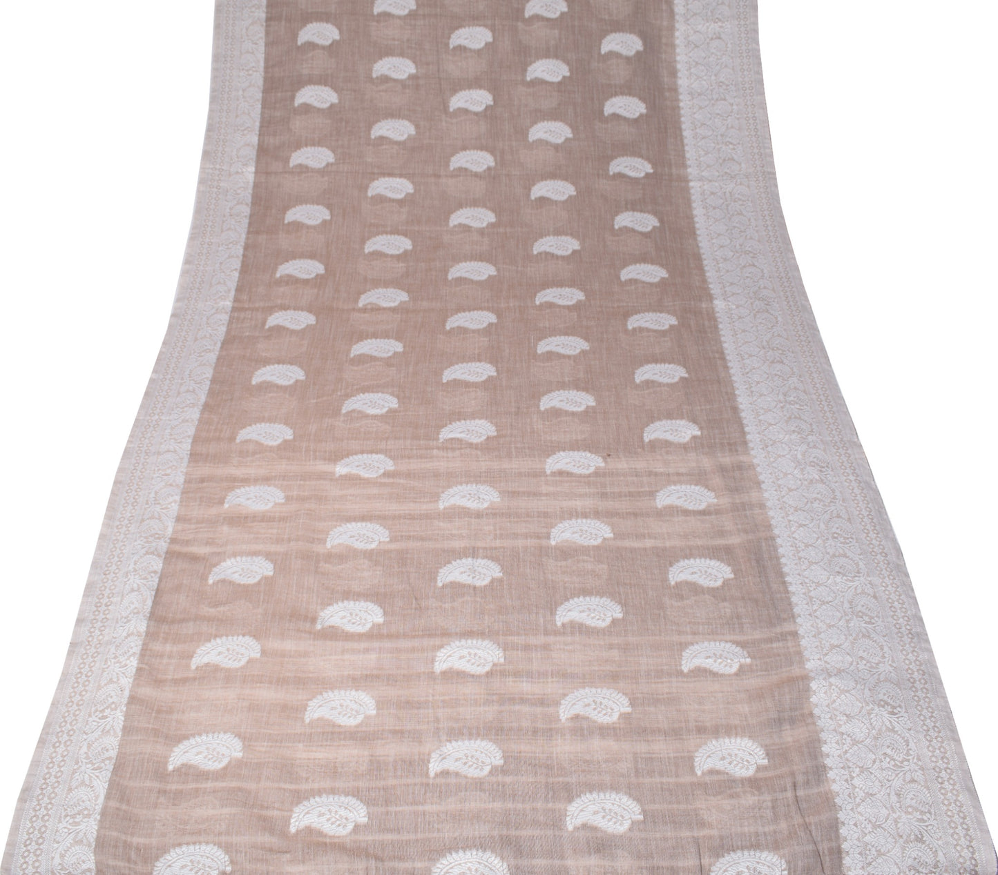 Sushila Vintage Brown & White Saree Art Cotton Paisley Woven 6 Yard Sari Fabric