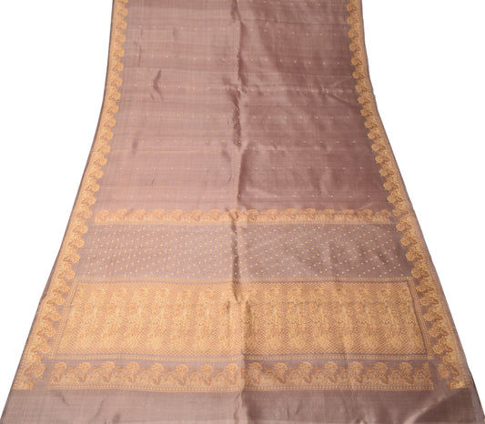 Sushila Vintage Brown Floral Saree Pure Silk Woven Indian 6 YD Sari Craft Fabric