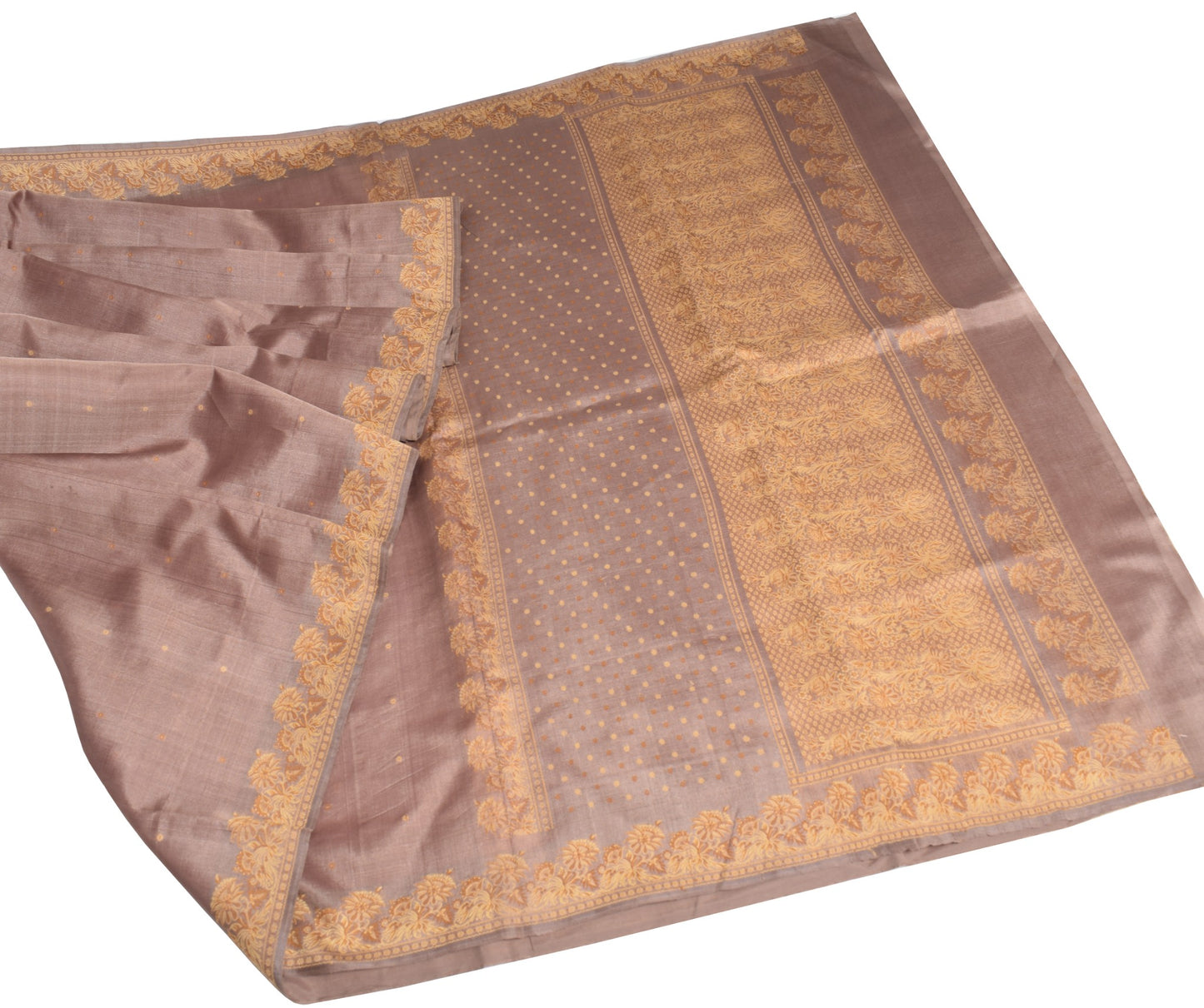 Sushila Vintage Brown Floral Saree Pure Silk Woven Indian 6 YD Sari Craft Fabric