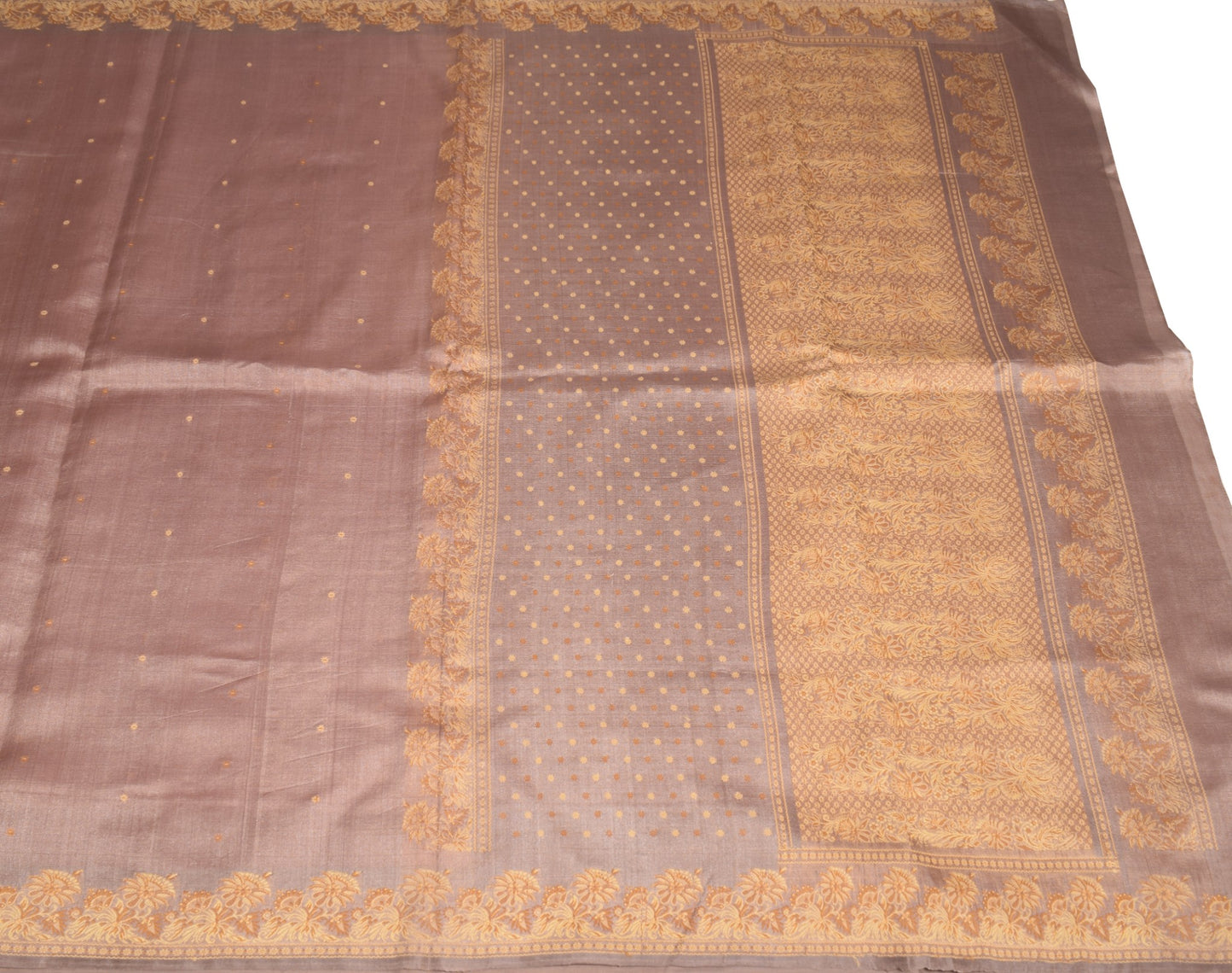 Sushila Vintage Brown Floral Saree Pure Silk Woven Indian 6 YD Sari Craft Fabric
