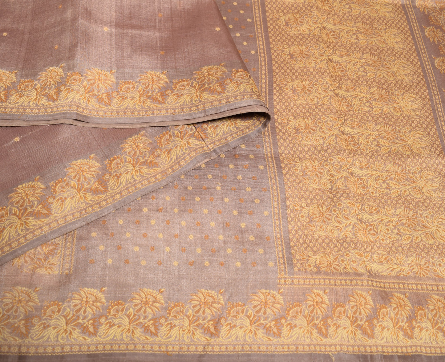 Sushila Vintage Brown Floral Saree Pure Silk Woven Indian 6 YD Sari Craft Fabric