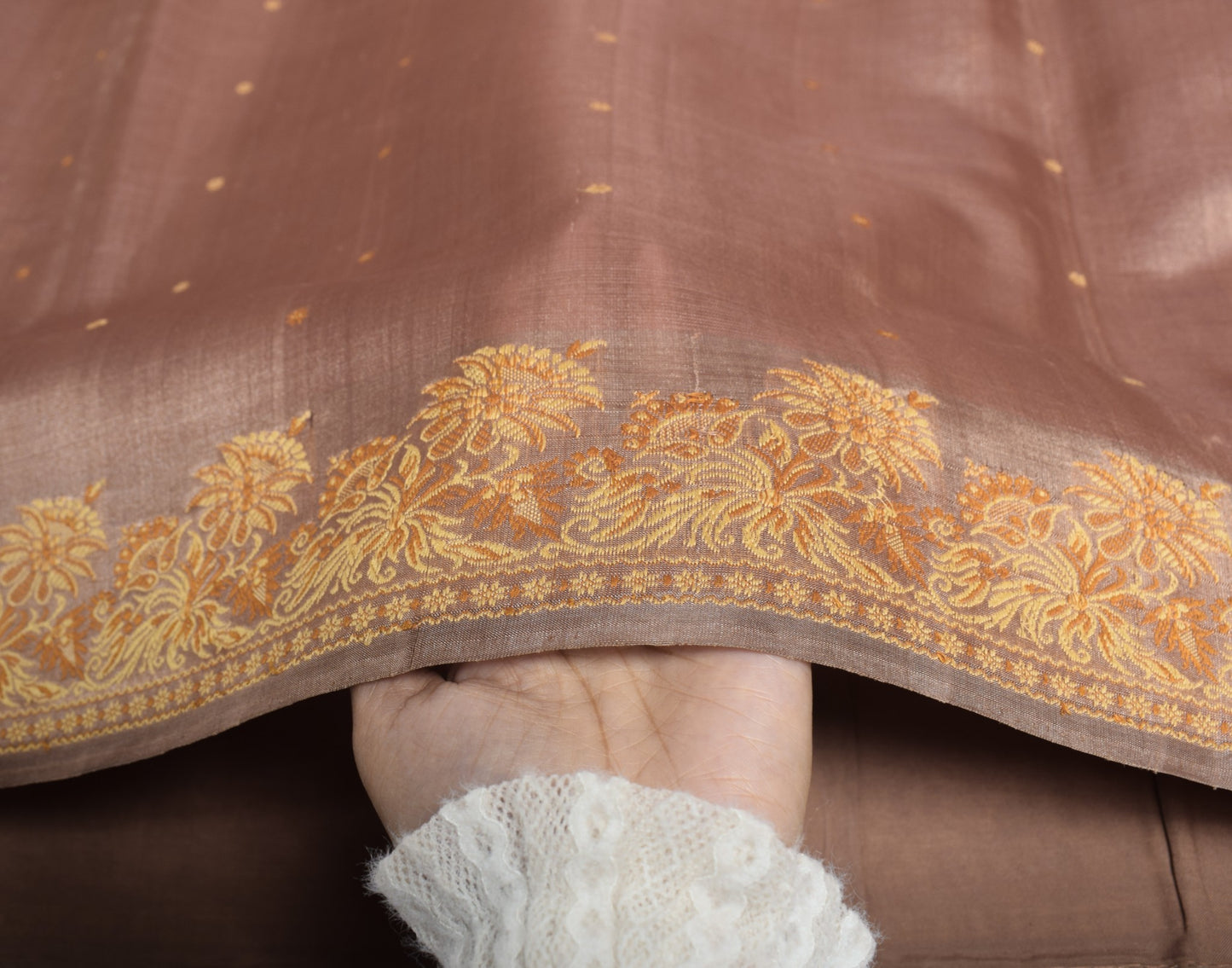 Sushila Vintage Brown Floral Saree Pure Silk Woven Indian 6 YD Sari Craft Fabric