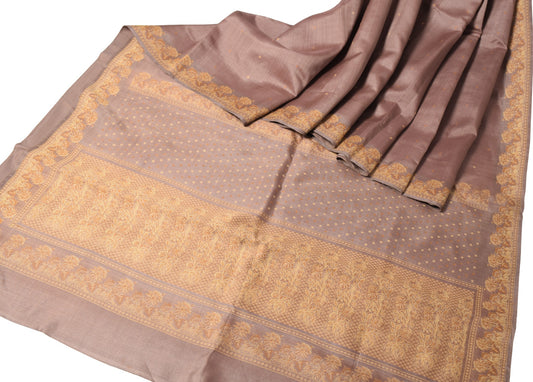 Sushila Vintage Brown Floral Saree Pure Silk Woven Indian 6 YD Sari Craft Fabric