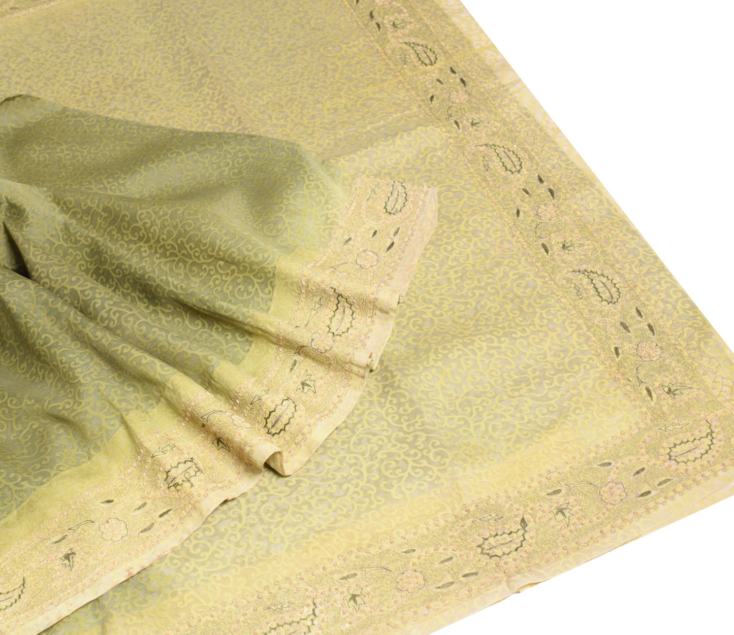 Sushila Vintage Art Organza Saree Green Printed & Zari Embroidered Sari Fabric