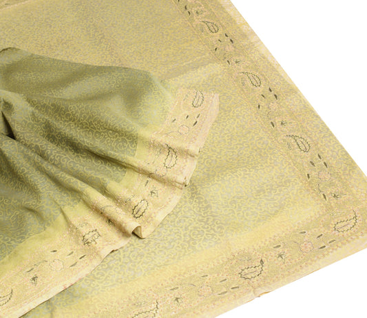 Sushila Vintage Art Organza Saree Green Printed & Zari Embroidered Sari Fabric