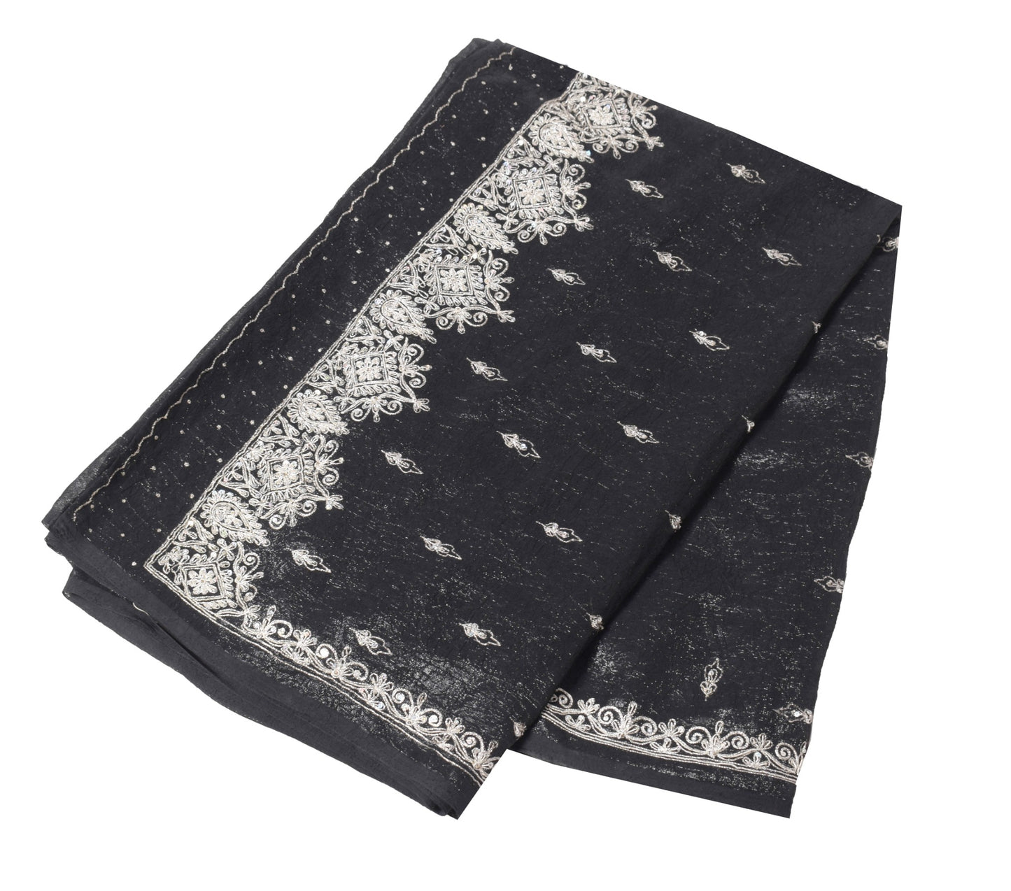 Sushila Vintage Black Cocktail Saree Hand Beaded Zardozi Shimmer 6Yd Sari Fabric