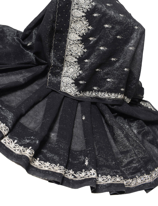 Sushila Vintage Black Cocktail Saree Hand Beaded Zardozi Shimmer 6Yd Sari Fabric
