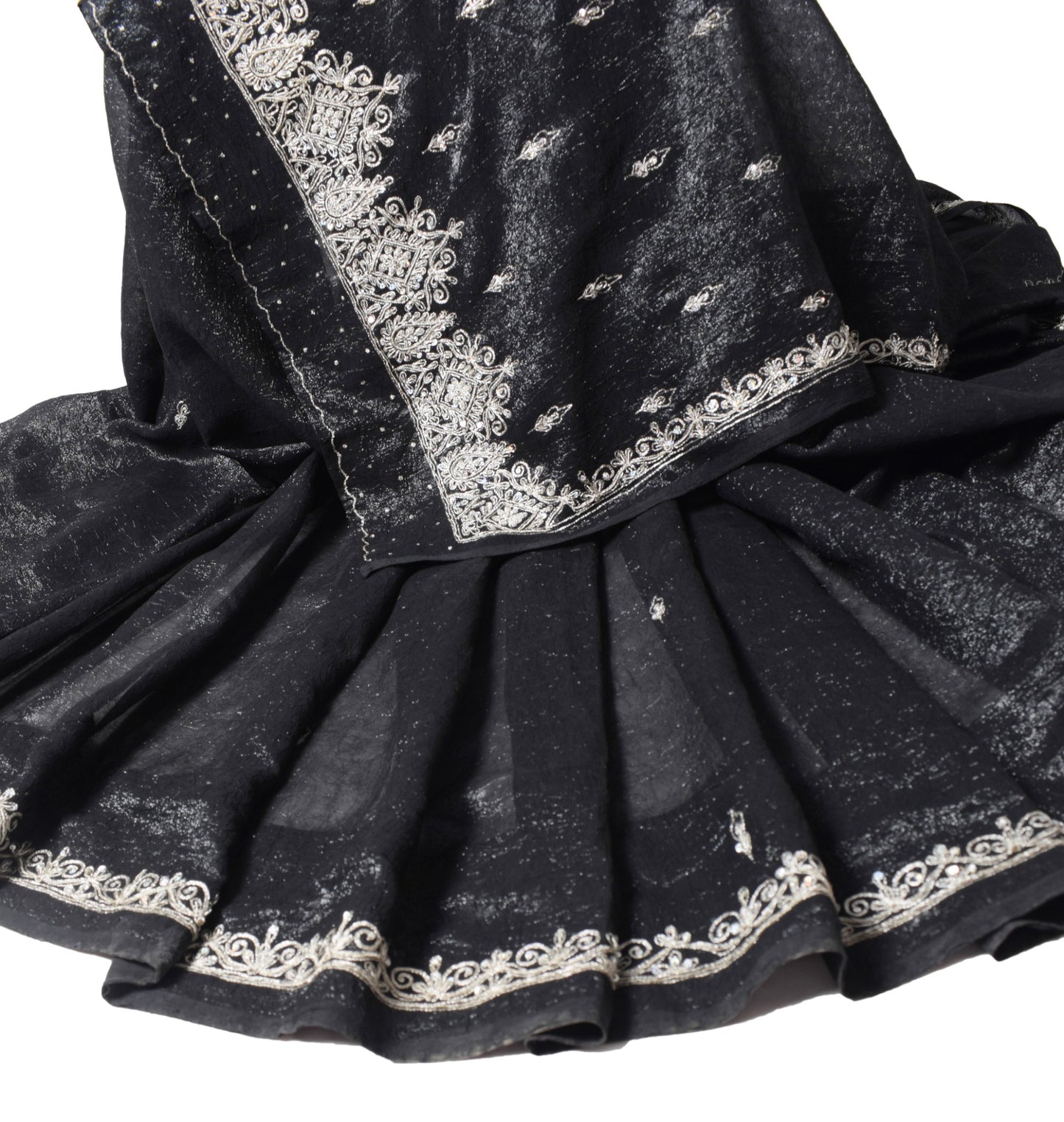 Sushila Vintage Black Cocktail Saree Hand Beaded Zardozi Shimmer 6Yd Sari Fabric