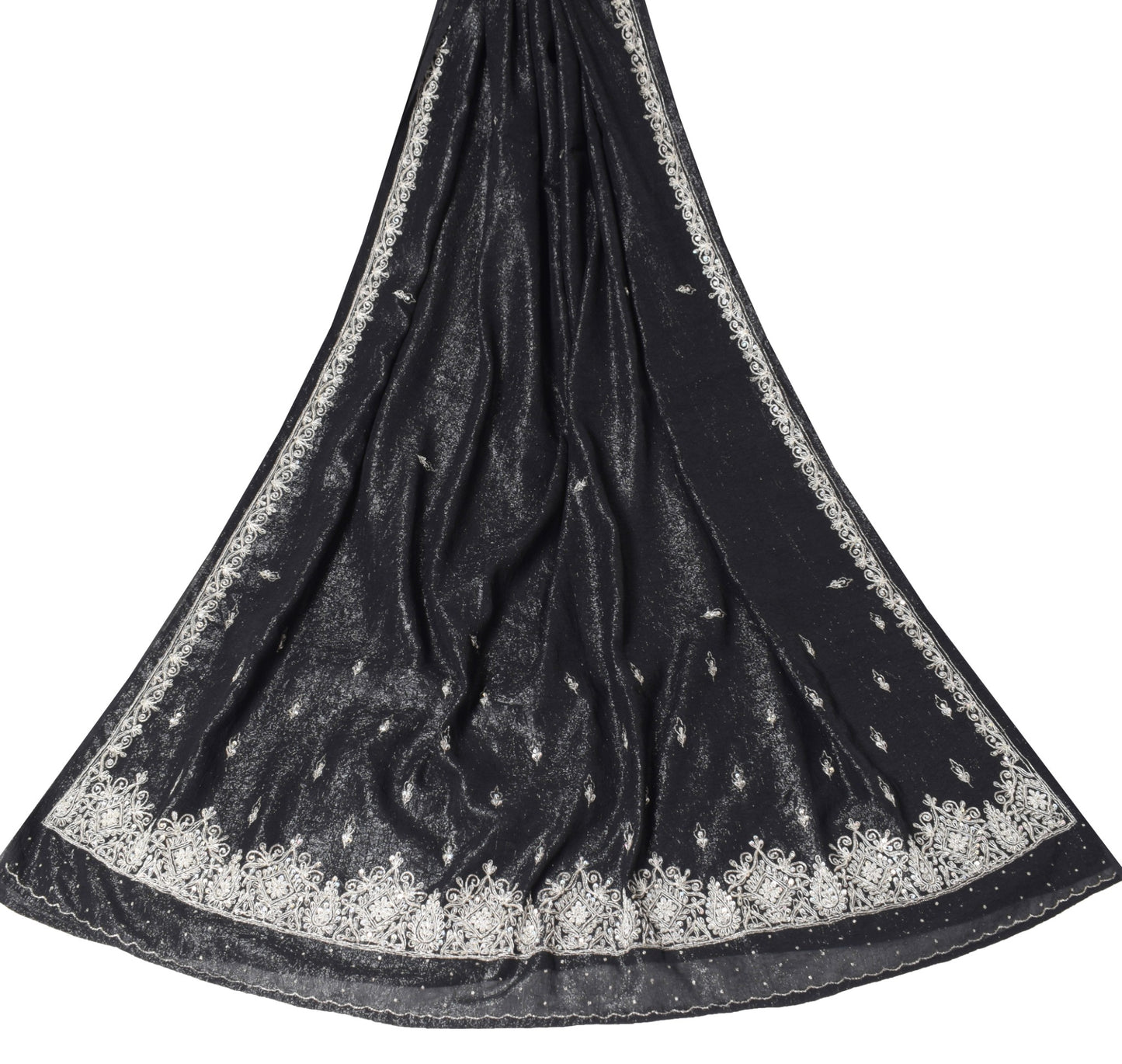 Sushila Vintage Black Cocktail Saree Hand Beaded Zardozi Shimmer 6Yd Sari Fabric