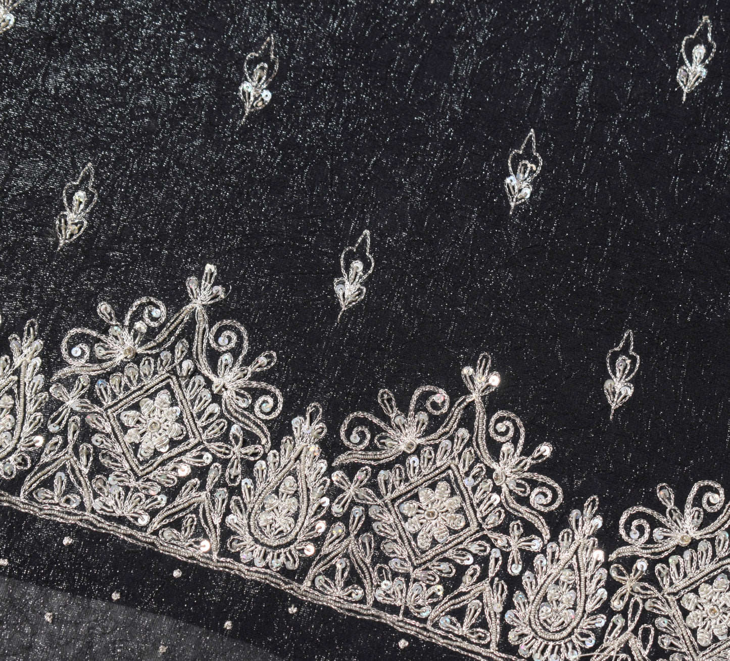 Sushila Vintage Black Cocktail Saree Hand Beaded Zardozi Shimmer 6Yd Sari Fabric