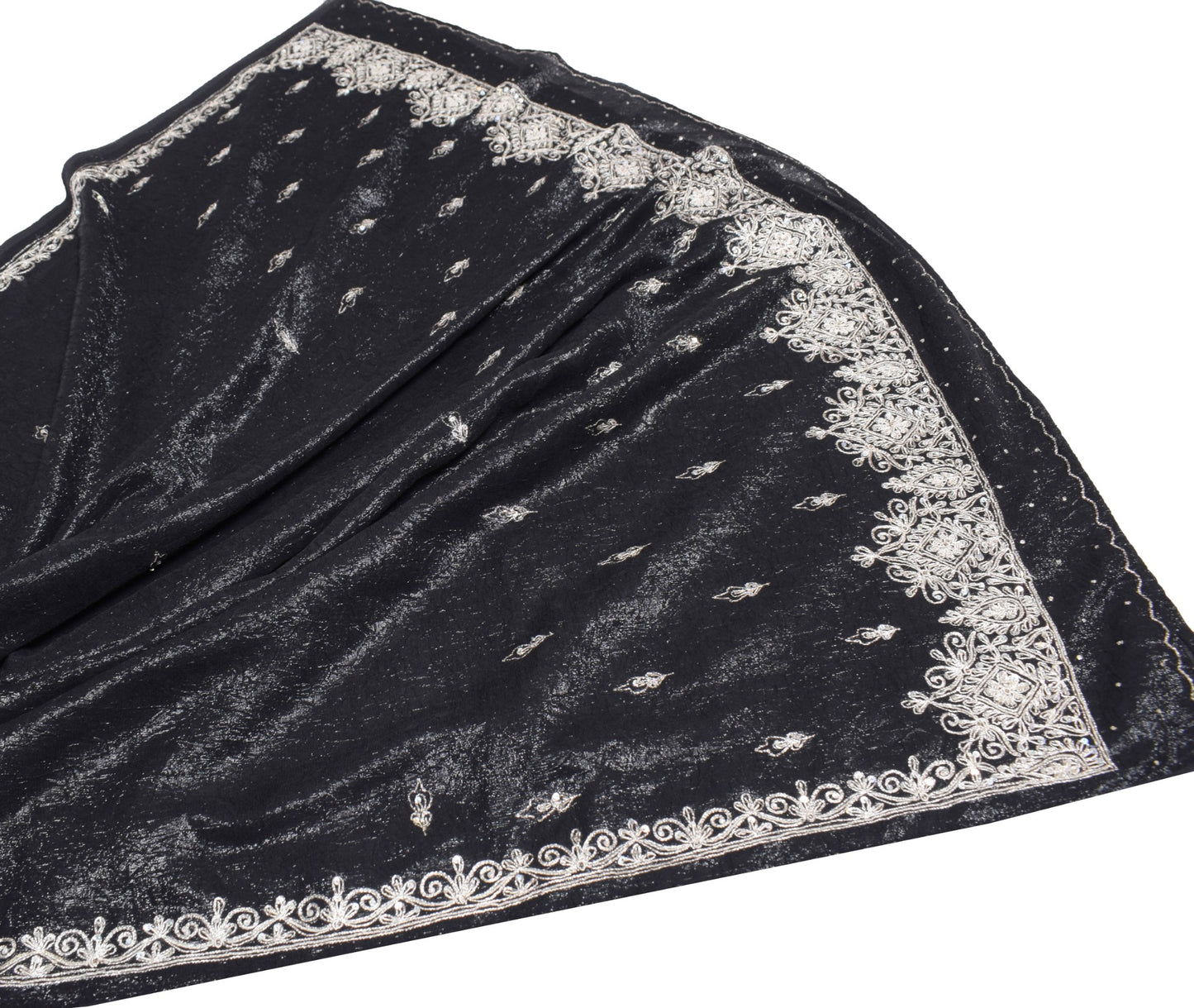 Sushila Vintage Black Cocktail Saree Hand Beaded Zardozi Shimmer 6Yd Sari Fabric