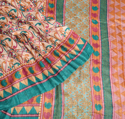 Sushila Vintage Cream Heavy Sarees Pure Handloom Khadi Print Woven Sari Fabric