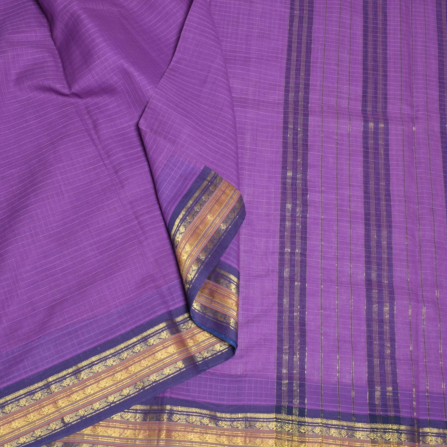 Sushila Vintage Purple Handloom Saree Checks Woven Pure Cotton 6 YardSari Fabric